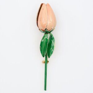 Vintage Sandor Pink Enamelled Bud Brooch With Green Sepals and Stem 1950s